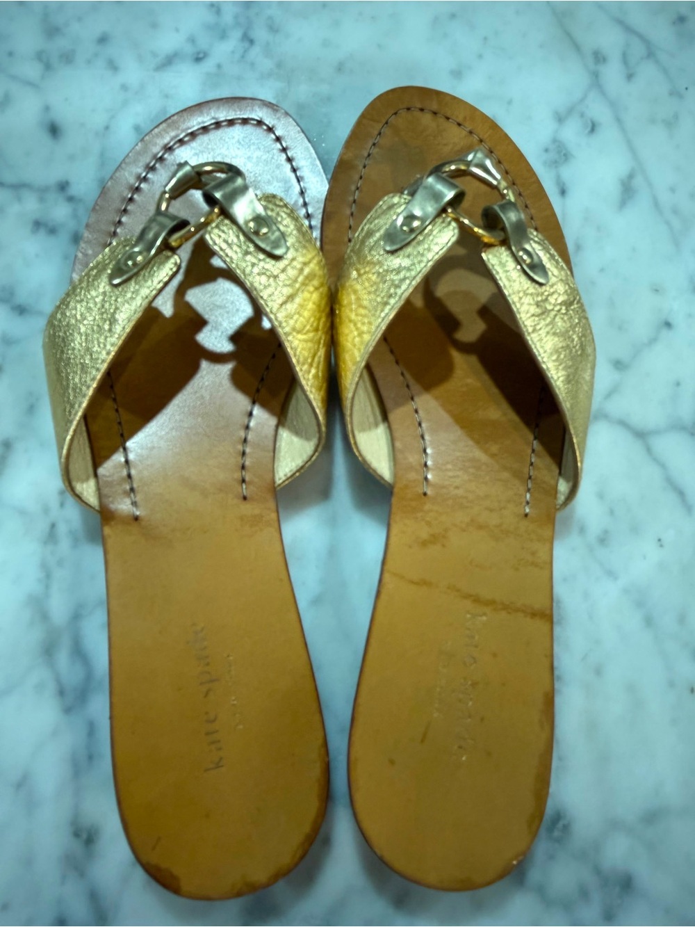 kate spade Metallic Gold Leather Toe-Loop Slide Sandals